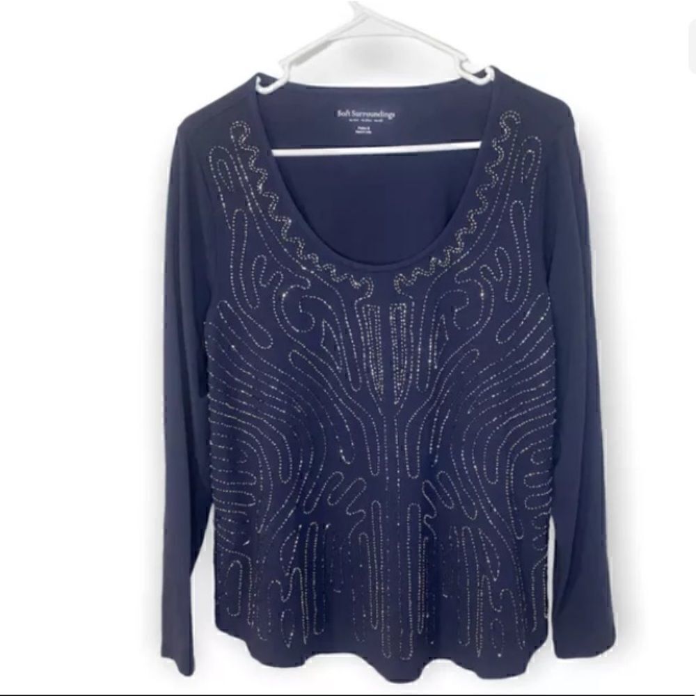 Soft Surroundings Navy Blue Beaded Scoop Neck Long Sleeve Top Small S